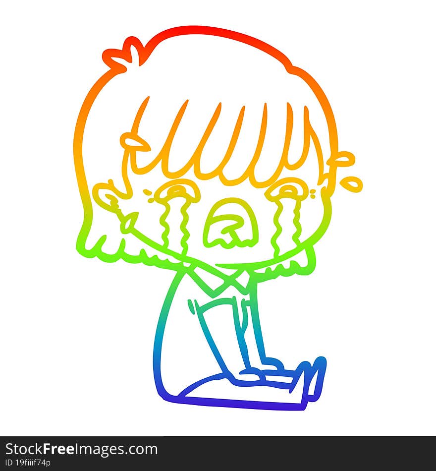 rainbow gradient line drawing of a cartoon girl crying