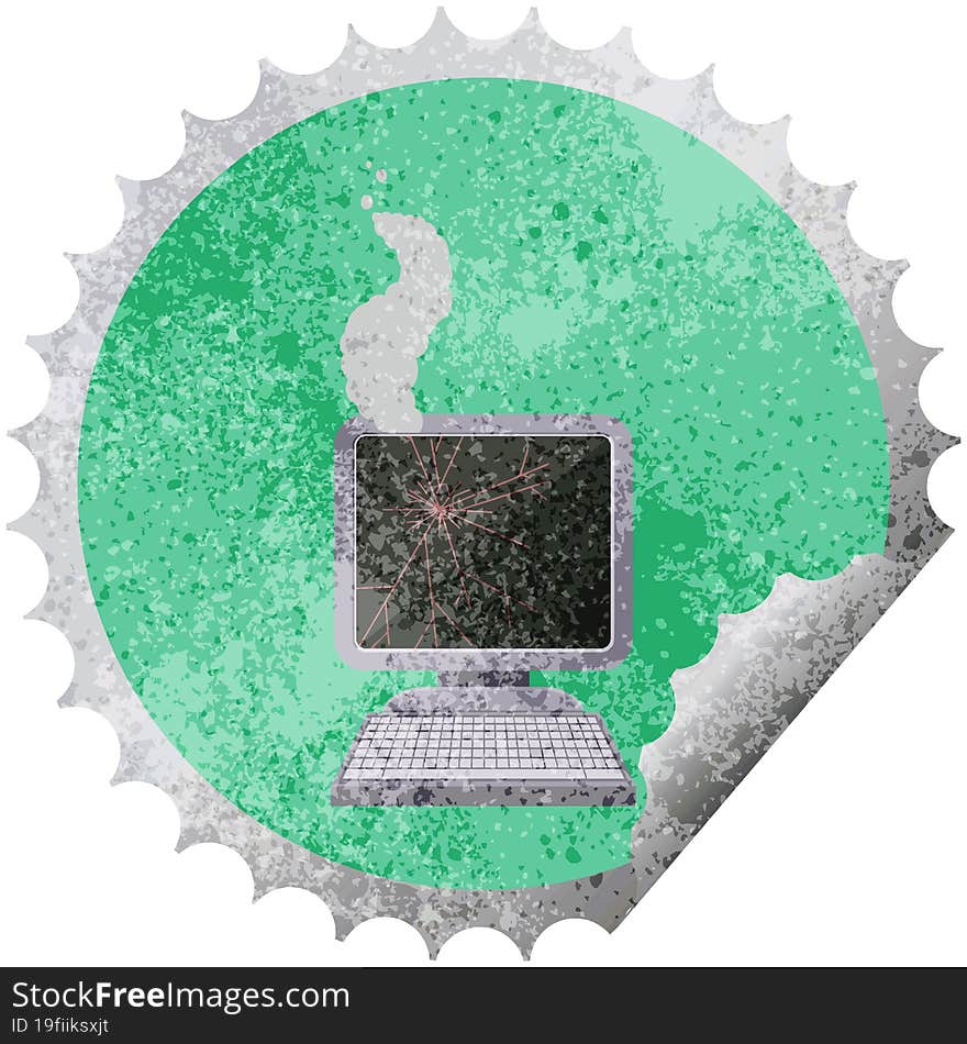 broken computer graphic vector illustration round sticker stamp. broken computer graphic vector illustration round sticker stamp