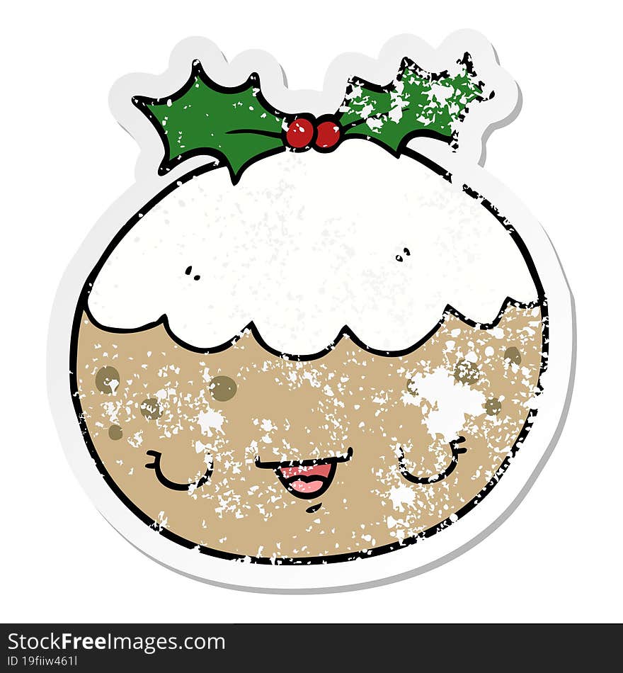 distressed sticker of a cute cartoon christmas pudding