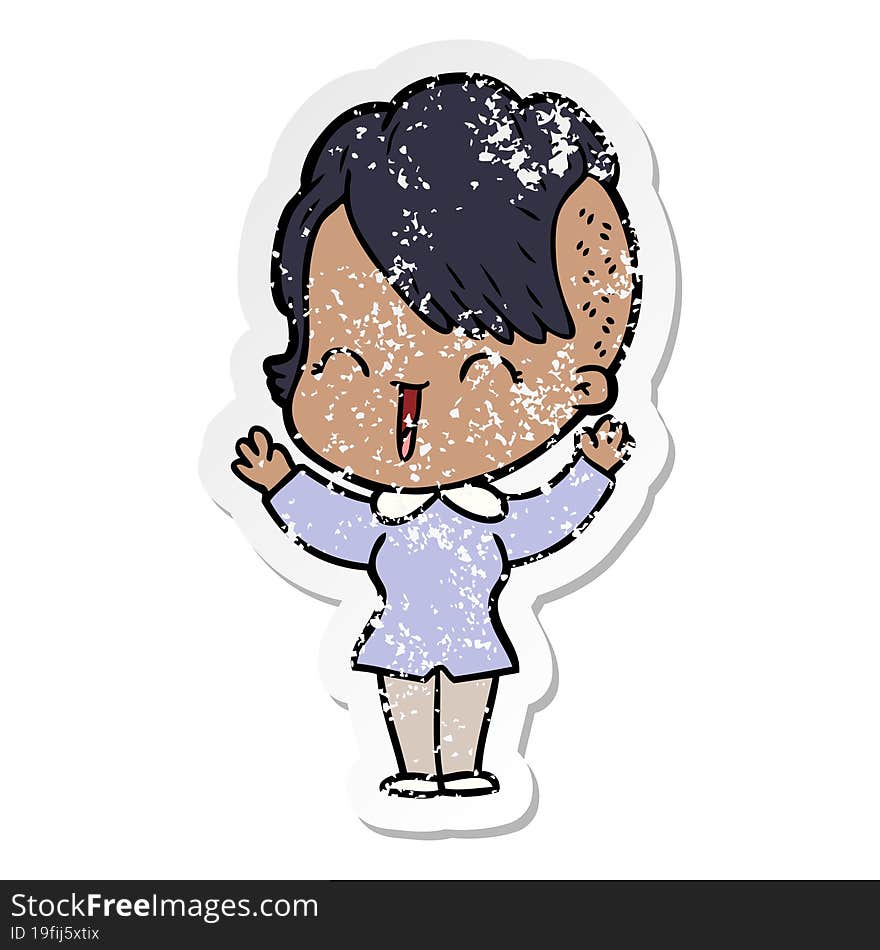 Distressed Sticker Of A Cartoon Happy Hipster Girl