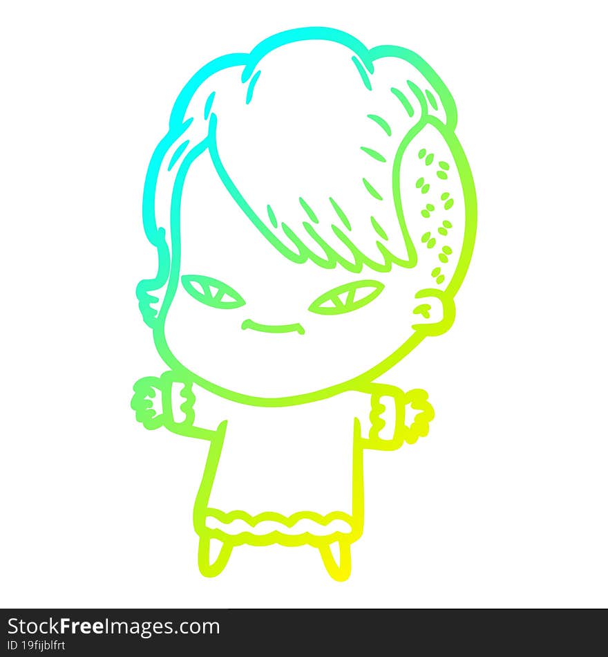 cold gradient line drawing of a cute cartoon girl with hipster haircut