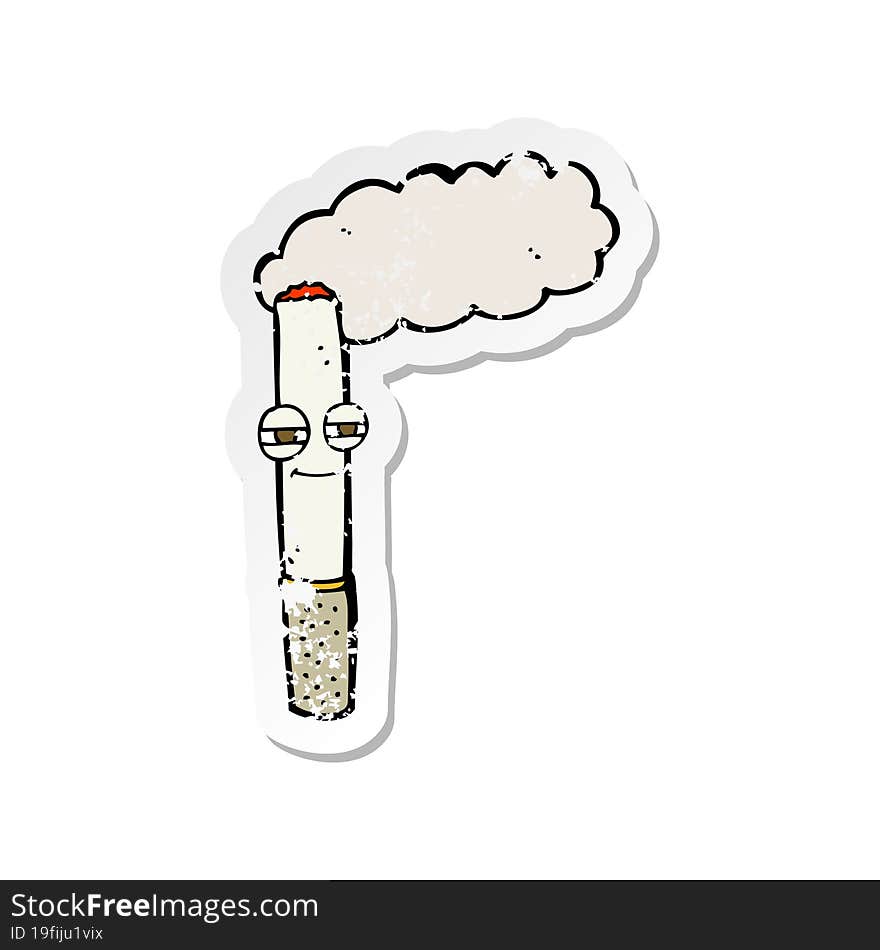 Retro Distressed Sticker Of A Cartoon Happy Cigarette