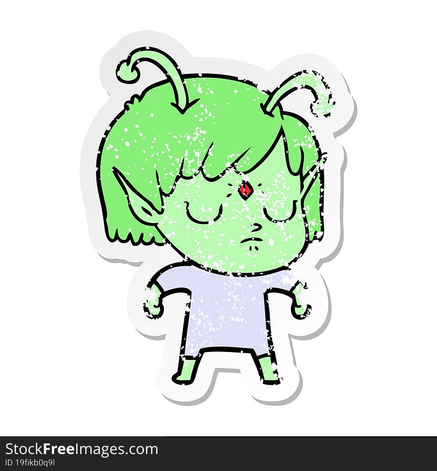 distressed sticker of a cartoon alien girl