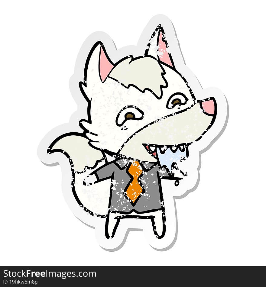 distressed sticker of a cartoon hungry wolf in office clothes