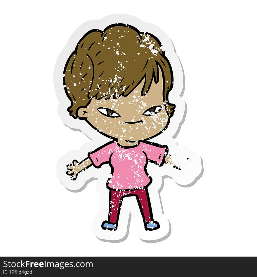 distressed sticker of a cartoon happy woman