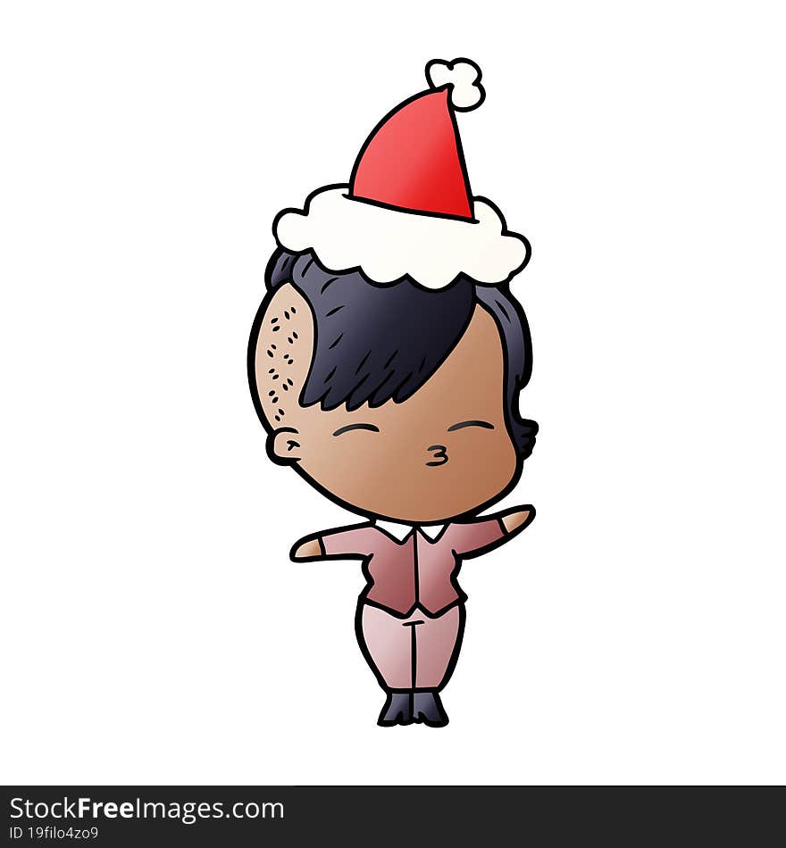 gradient cartoon of a squinting girl wearing santa hat