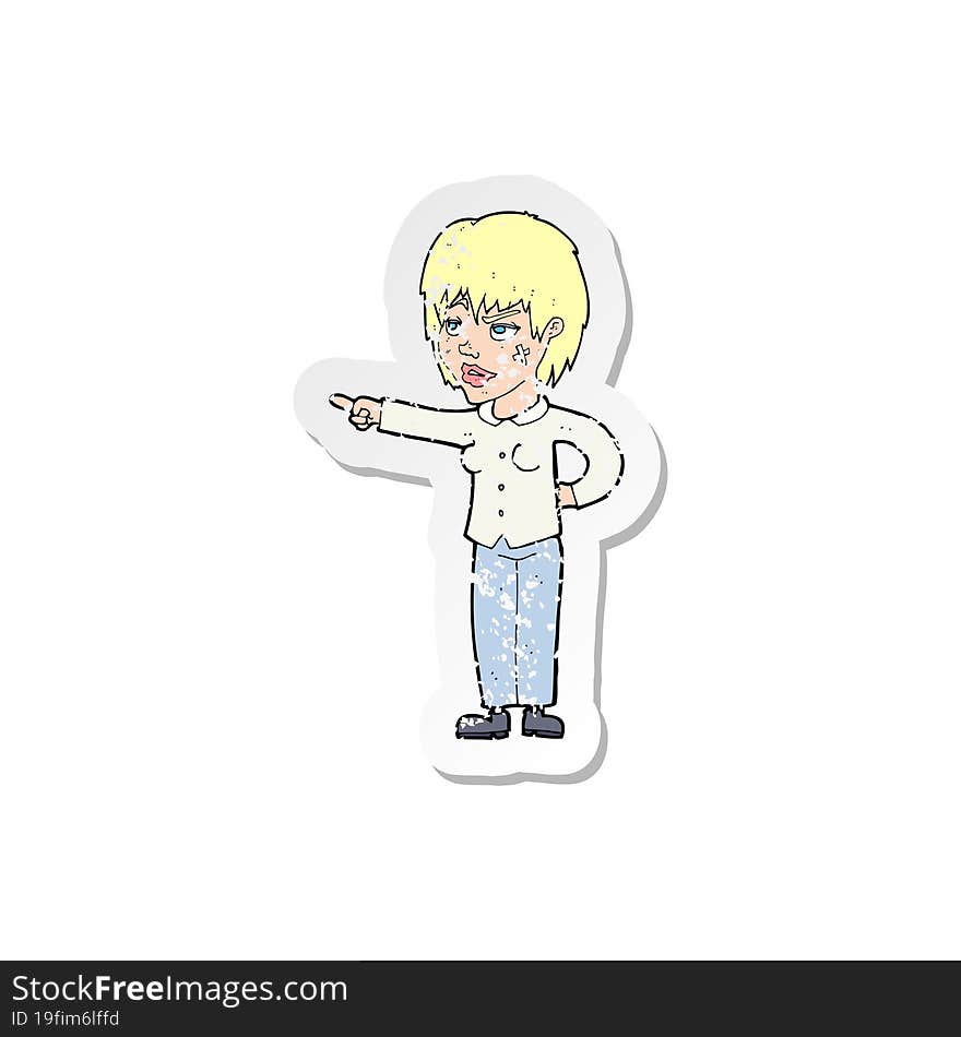 retro distressed sticker of a cartoon woman pointing