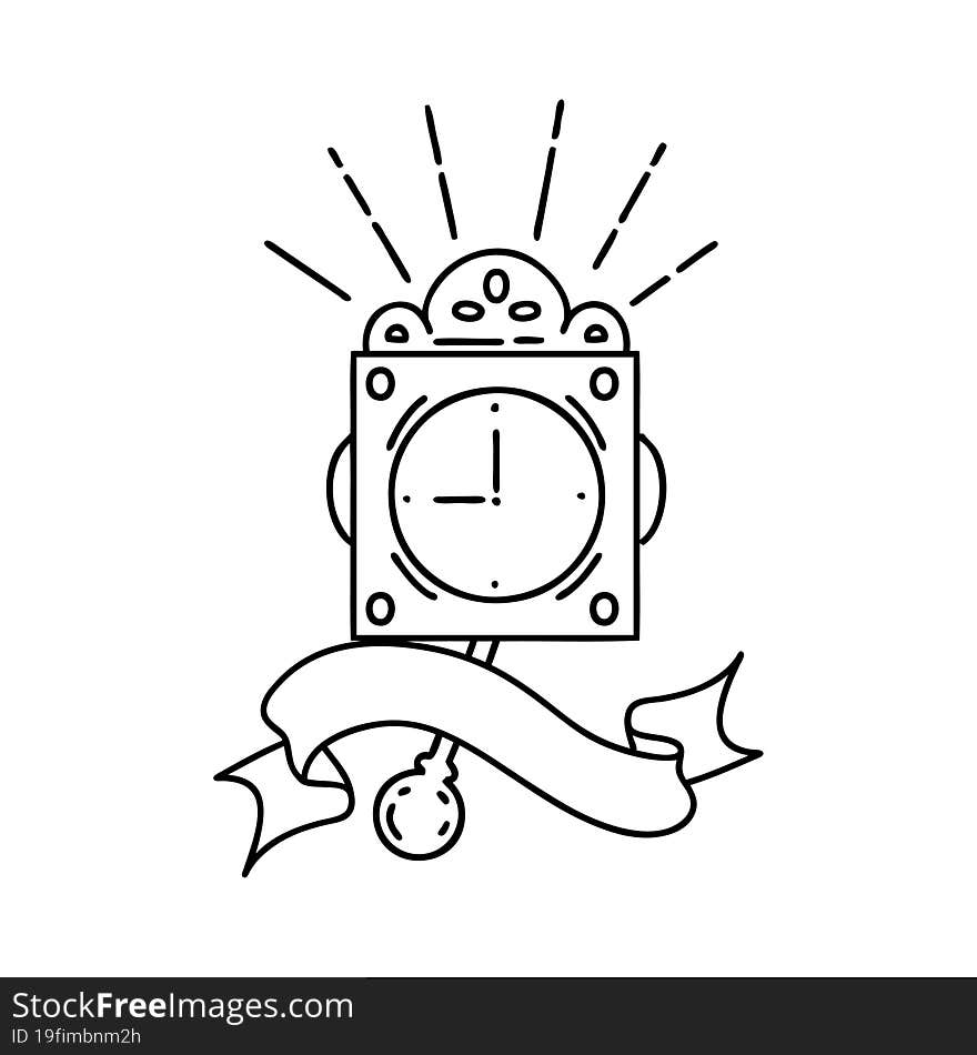 scroll banner with black line work tattoo style ticking clock