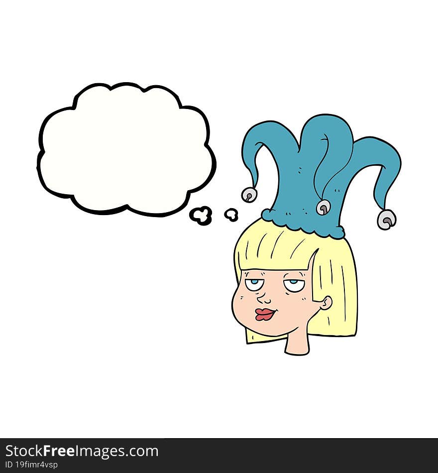 freehand drawn thought bubble cartoon female face with jester hat. freehand drawn thought bubble cartoon female face with jester hat