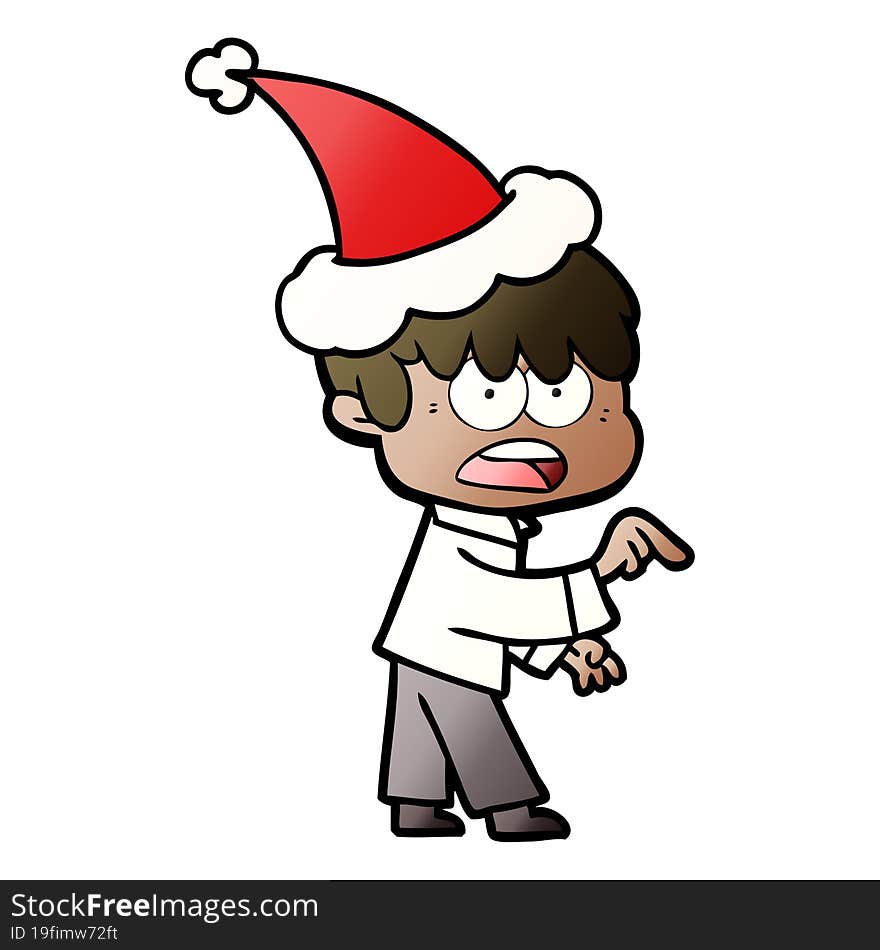 worried gradient cartoon of a boy wearing santa hat