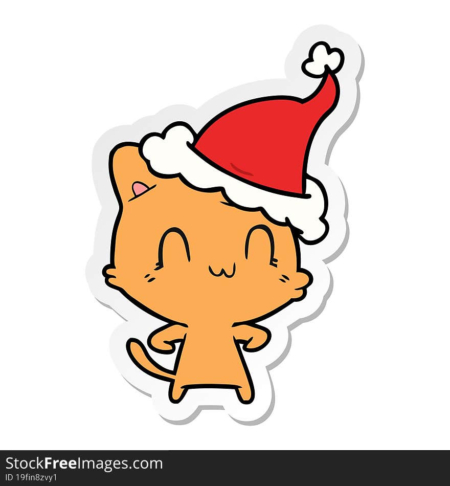 sticker cartoon of a happy cat wearing santa hat