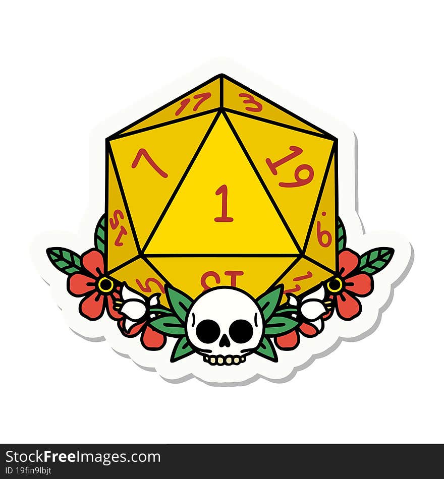 sticker of a natural one dice roll with floral elements. sticker of a natural one dice roll with floral elements