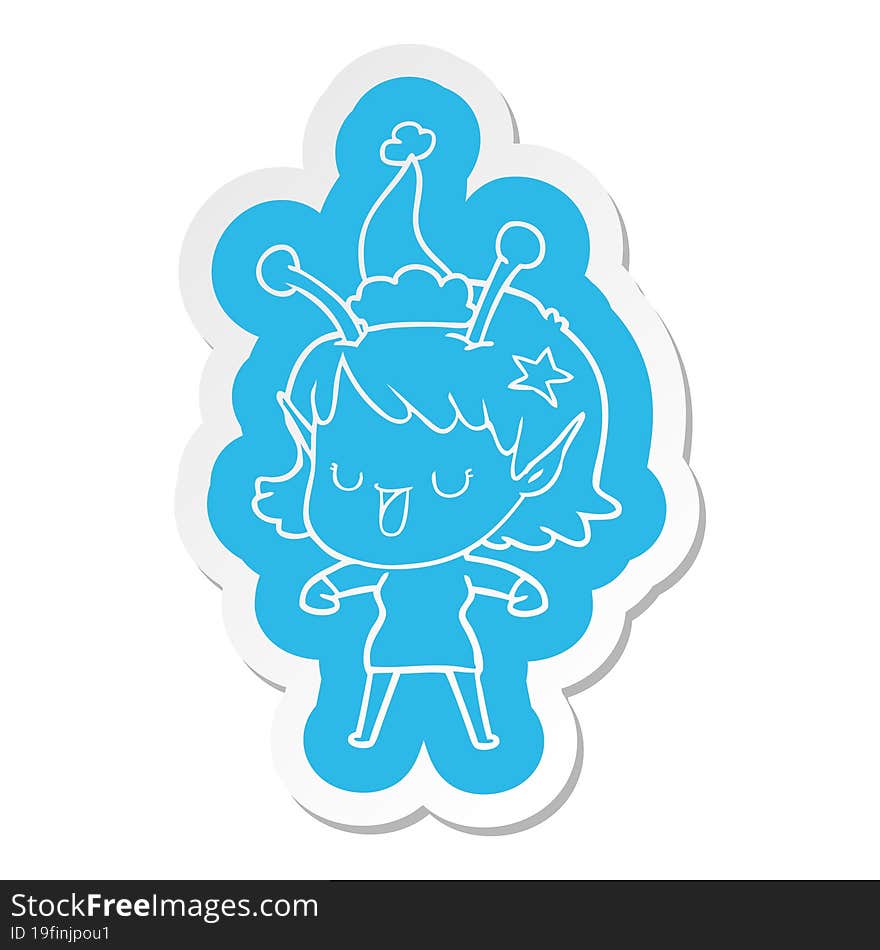 happy alien girl cartoon  sticker of a wearing santa hat