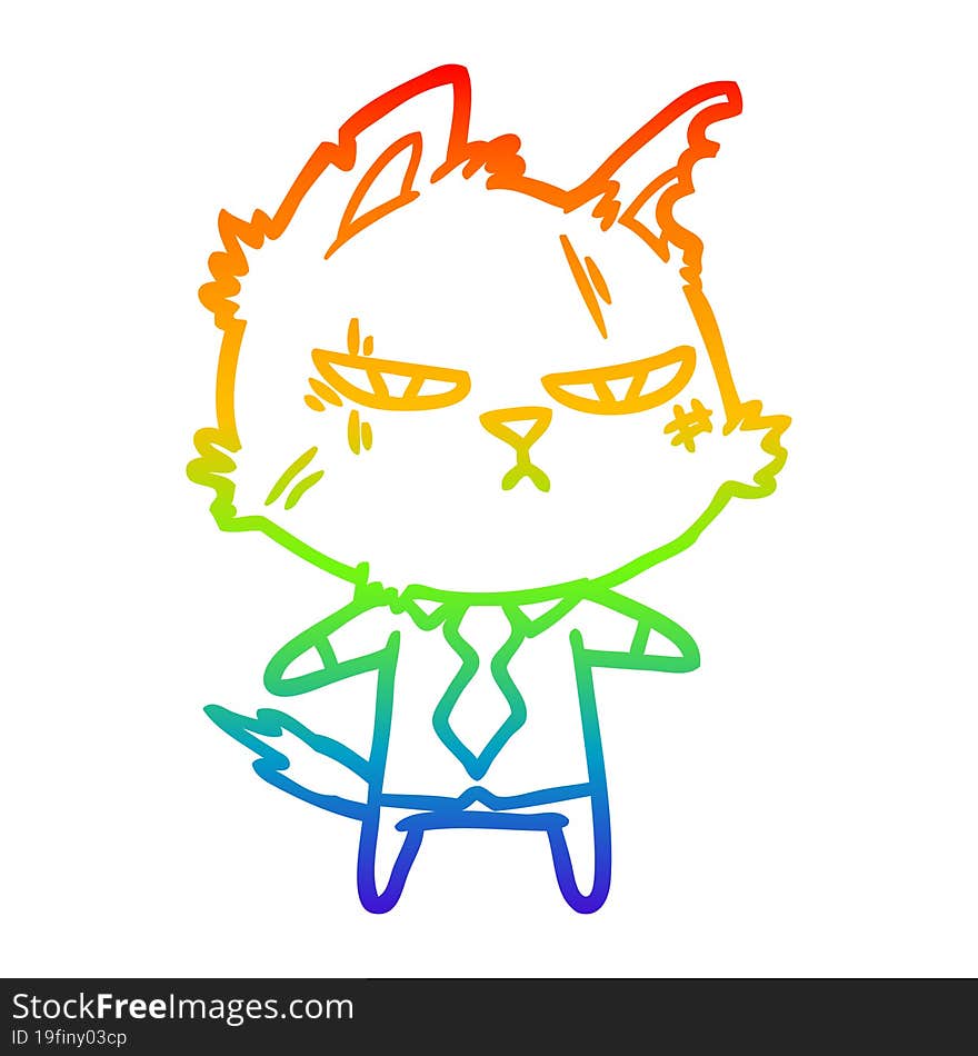 rainbow gradient line drawing tough cartoon cat in shirt and tie