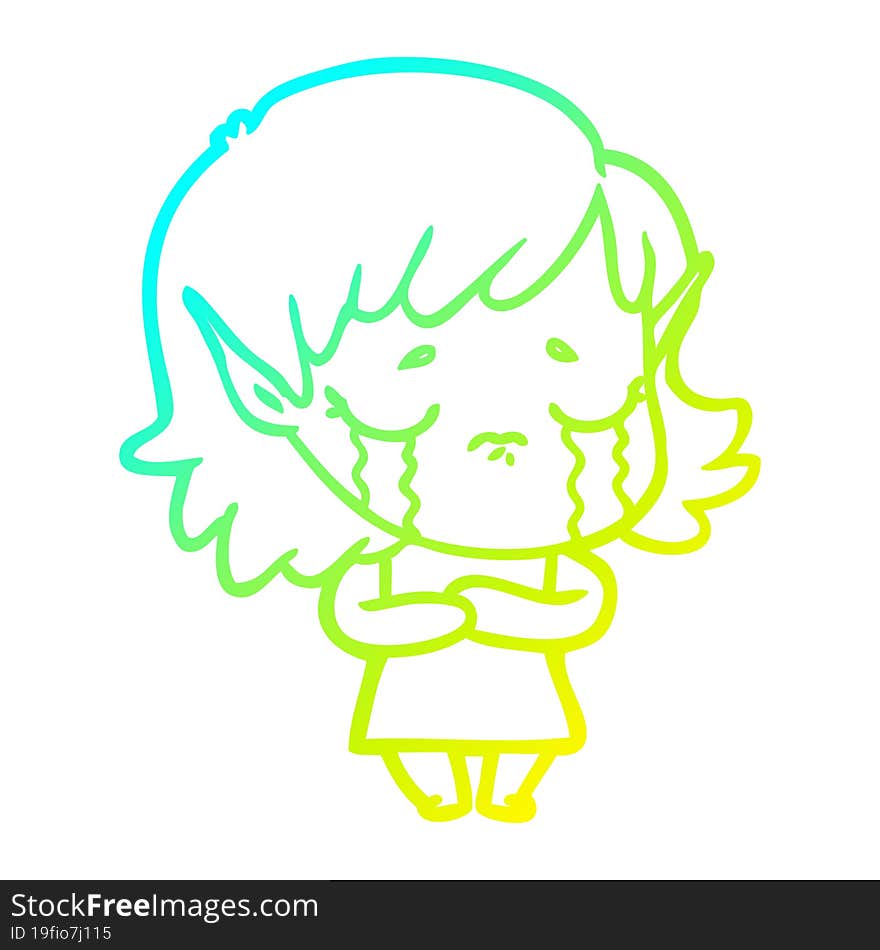 cold gradient line drawing of a cartoon crying elf girl