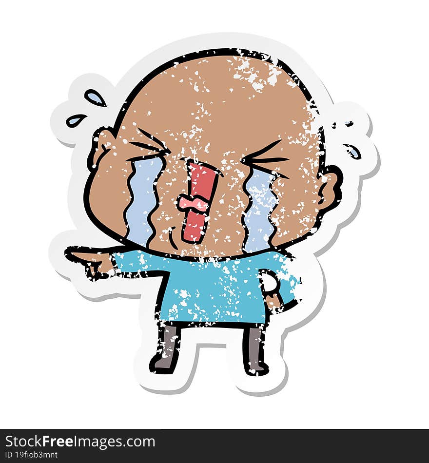 distressed sticker of a cartoon crying bald man