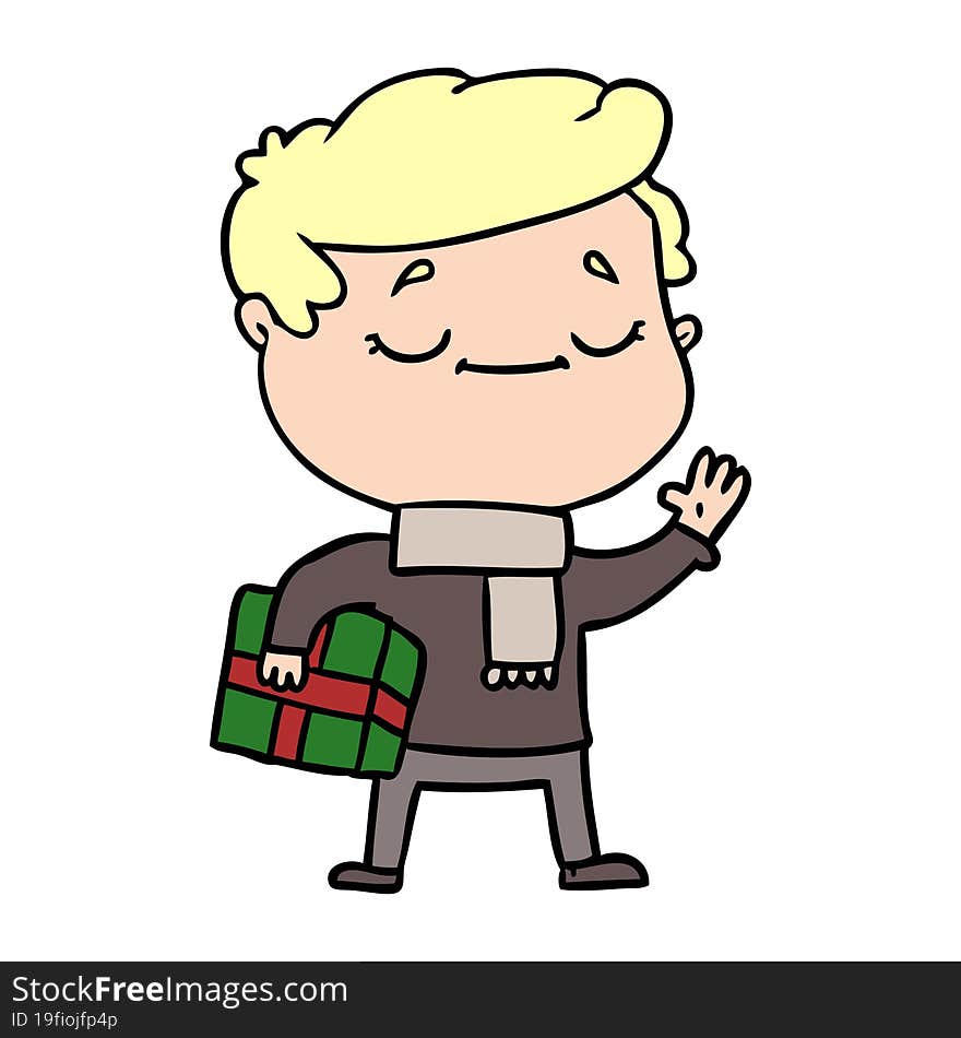 cartoon man carrying christmas present waving. cartoon man carrying christmas present waving