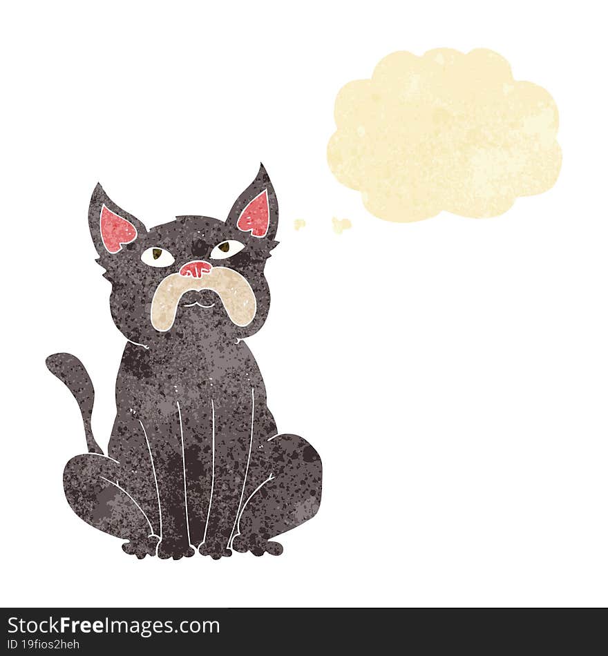 cartoon grumpy little dog with thought bubble