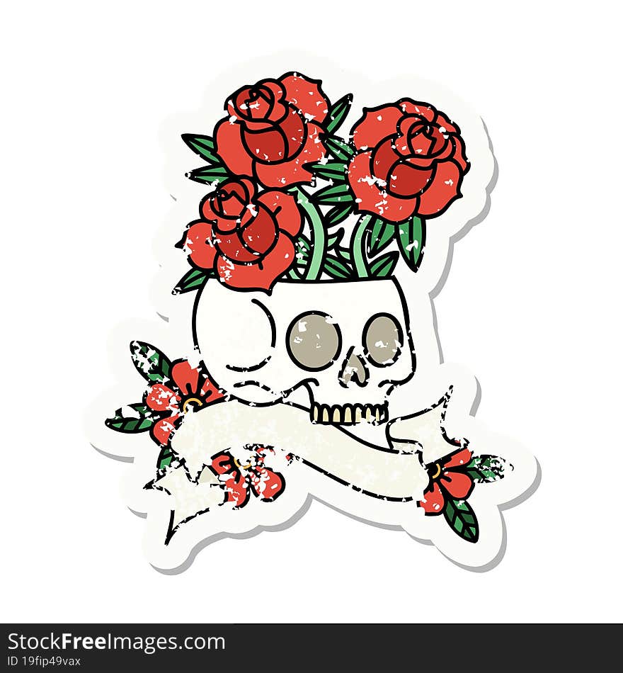 grunge sticker with banner of a skull and roses