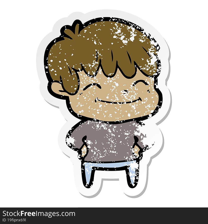 distressed sticker of a happy cartoon boy