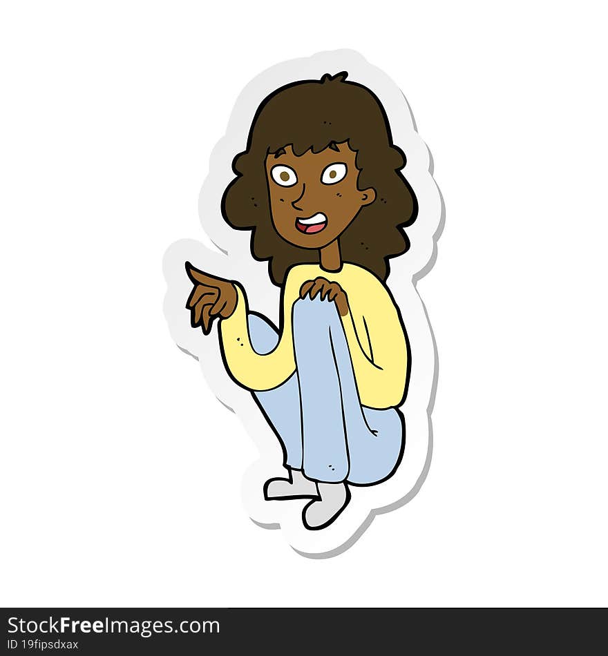 sticker of a cartoon happy woman sitting and pointing