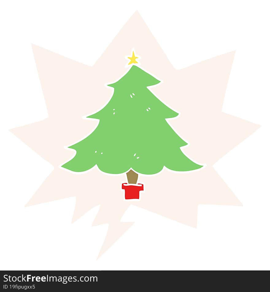 cartoon christmas tree with speech bubble in retro style