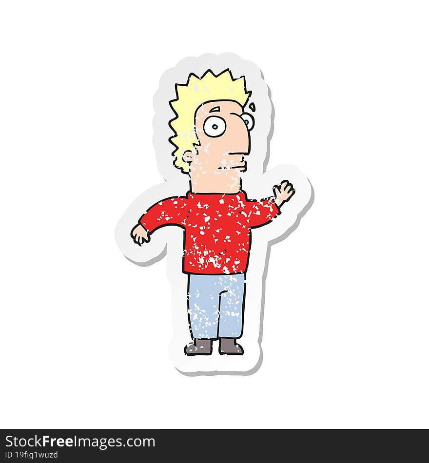 retro distressed sticker of a cartoon man waving