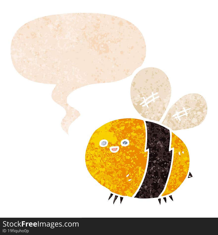 cartoon bee and speech bubble in retro textured style