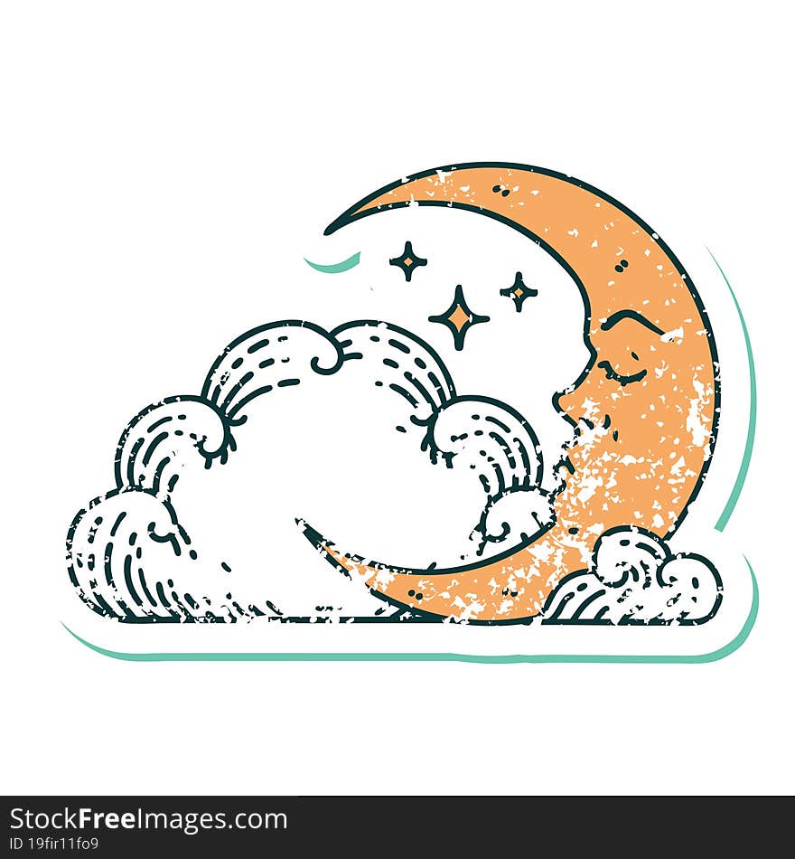 Distressed Sticker Tattoo Style Icon Of A Crescent Moon And Clouds