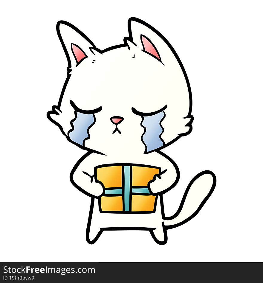 crying cartoon cat holding christmas present. crying cartoon cat holding christmas present