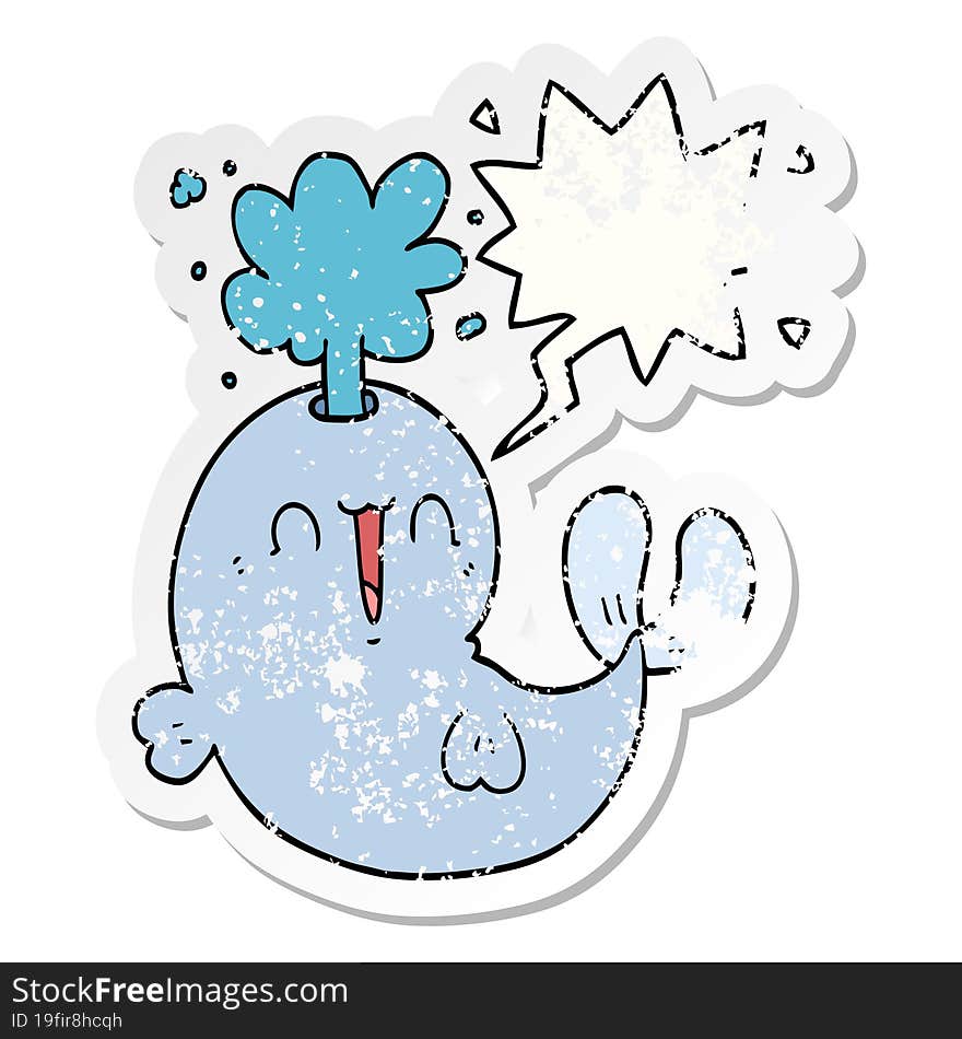 Cartoon Whale Spouting Water And Speech Bubble Distressed Sticker