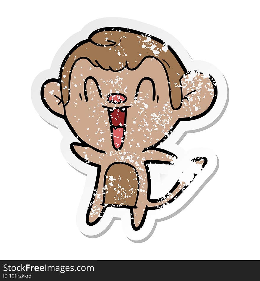 distressed sticker of a cartoon laughing monkey