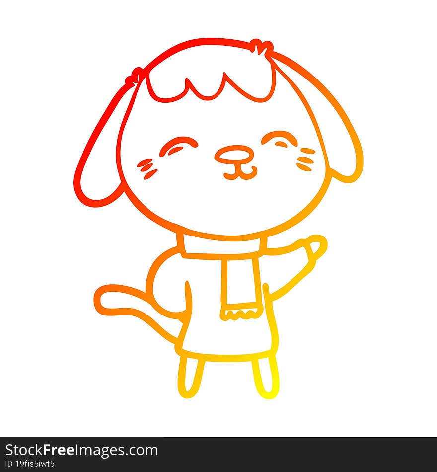 warm gradient line drawing happy cartoon dog in winter clothes