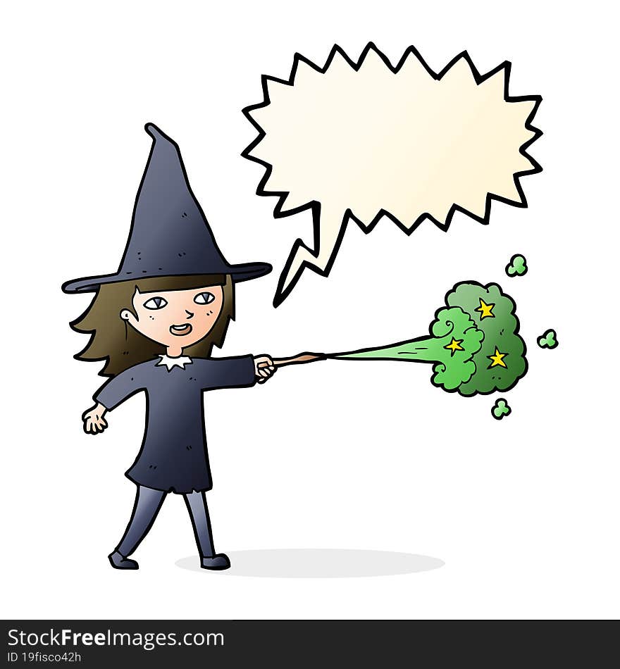 cartoon witch girl casting spell with speech bubble