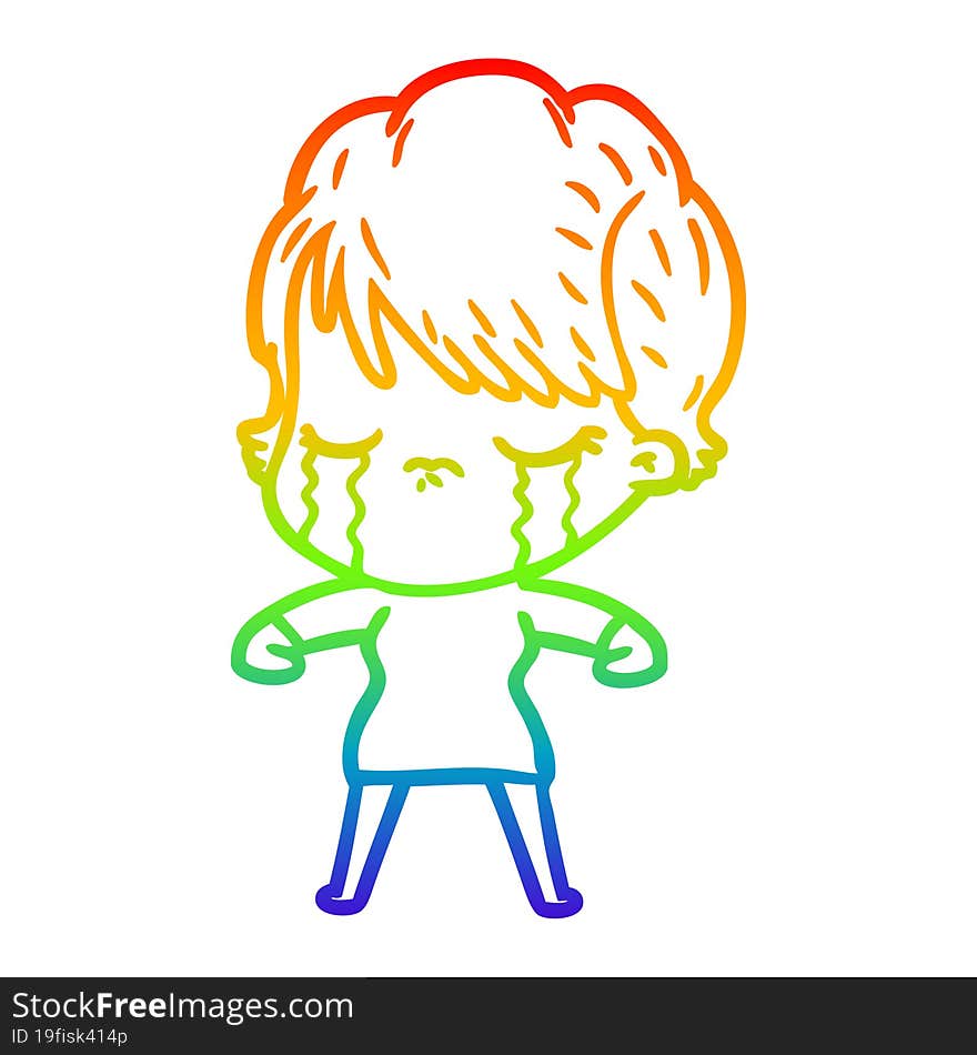 rainbow gradient line drawing of a cartoon woman crying