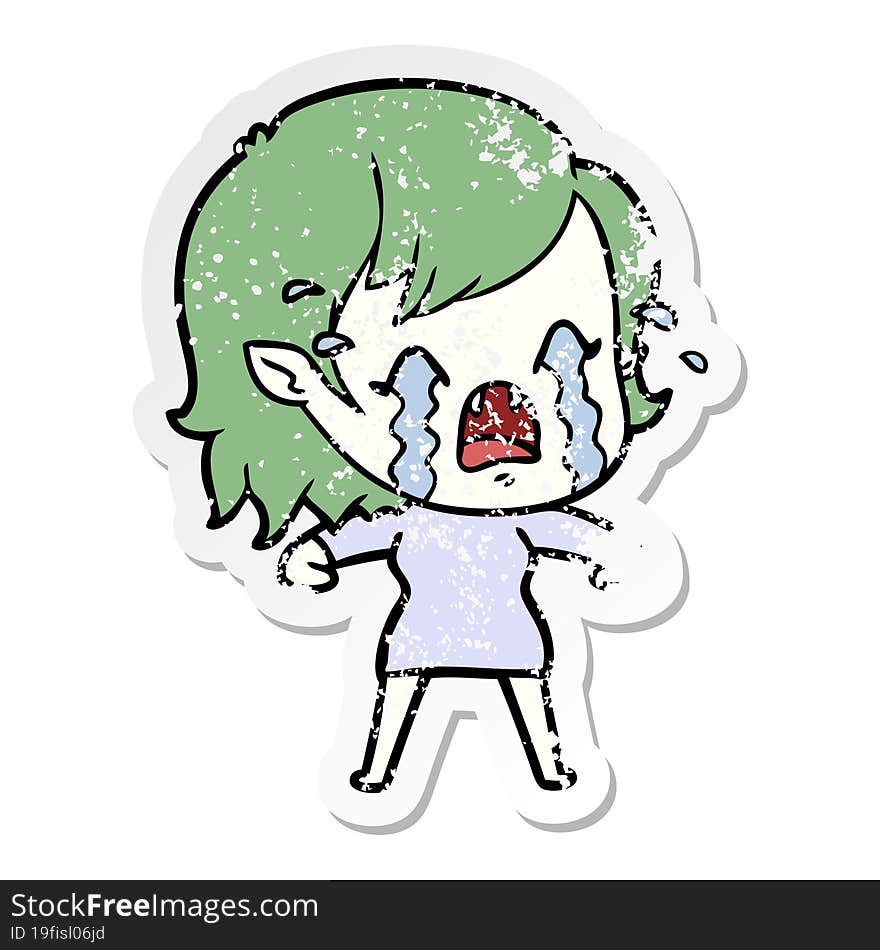 distressed sticker of a cartoon crying vampire girl