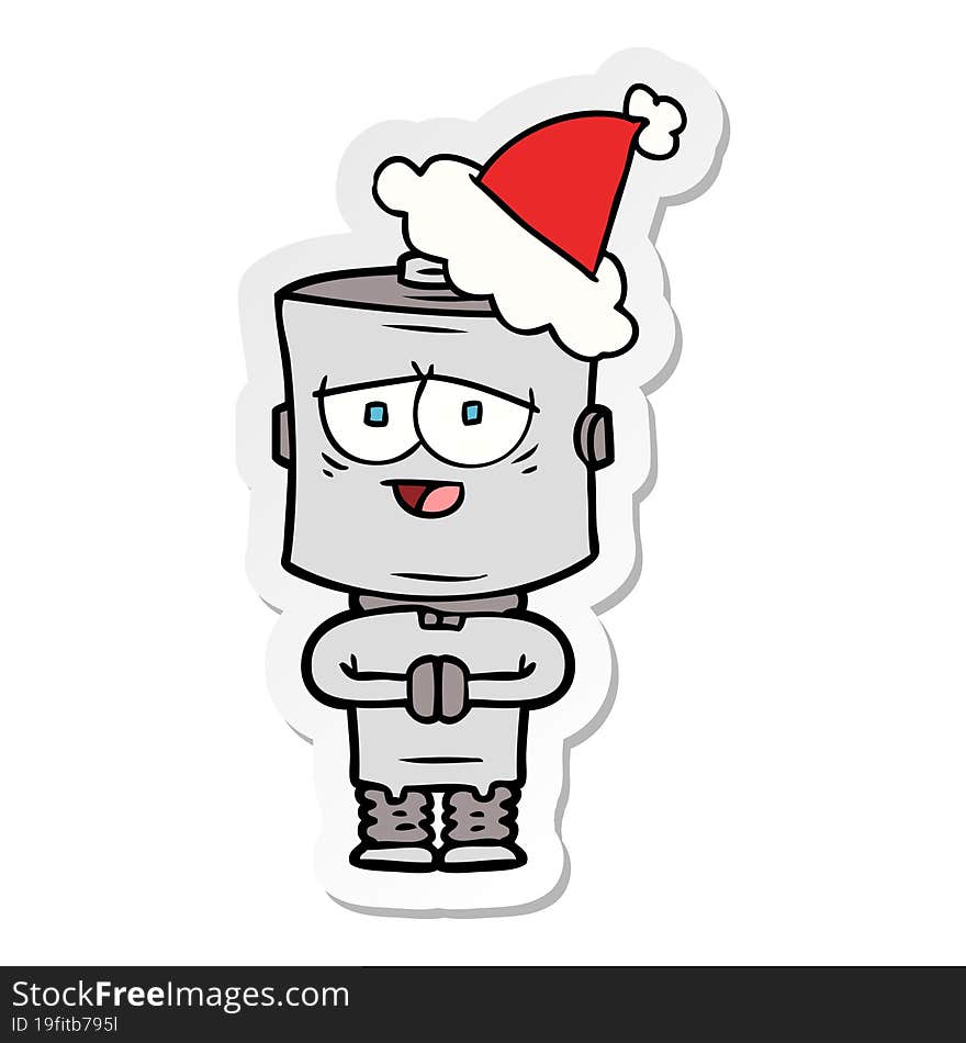 sticker cartoon of a robot wearing santa hat