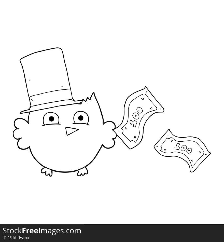 Black And White Cartoon Wealthy Little Owl With Top Hat