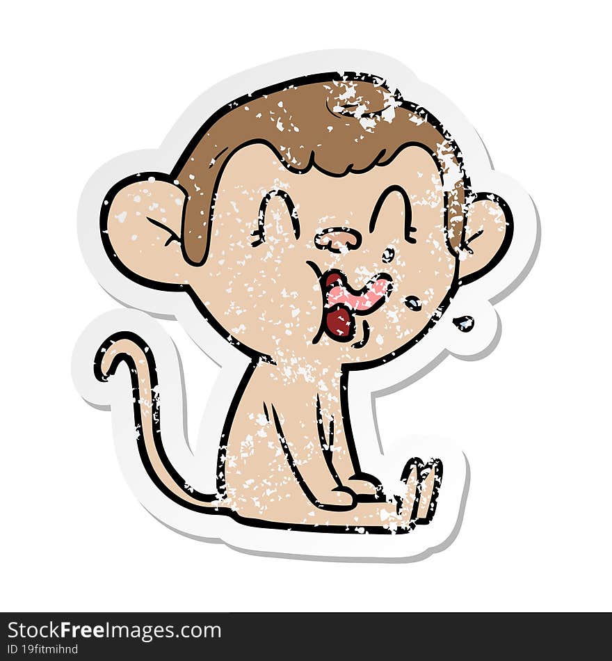 Distressed Sticker Of A Crazy Cartoon Monkey Sitting