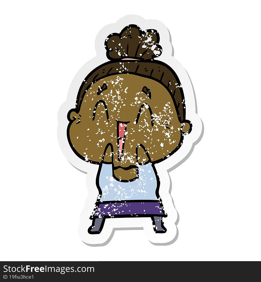 distressed sticker of a cartoon happy old lady