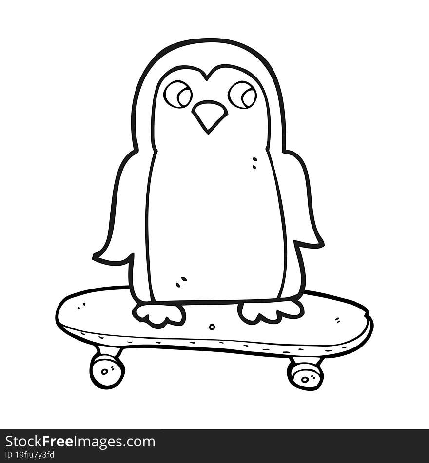 black and white cartoon penguin riding skateboard