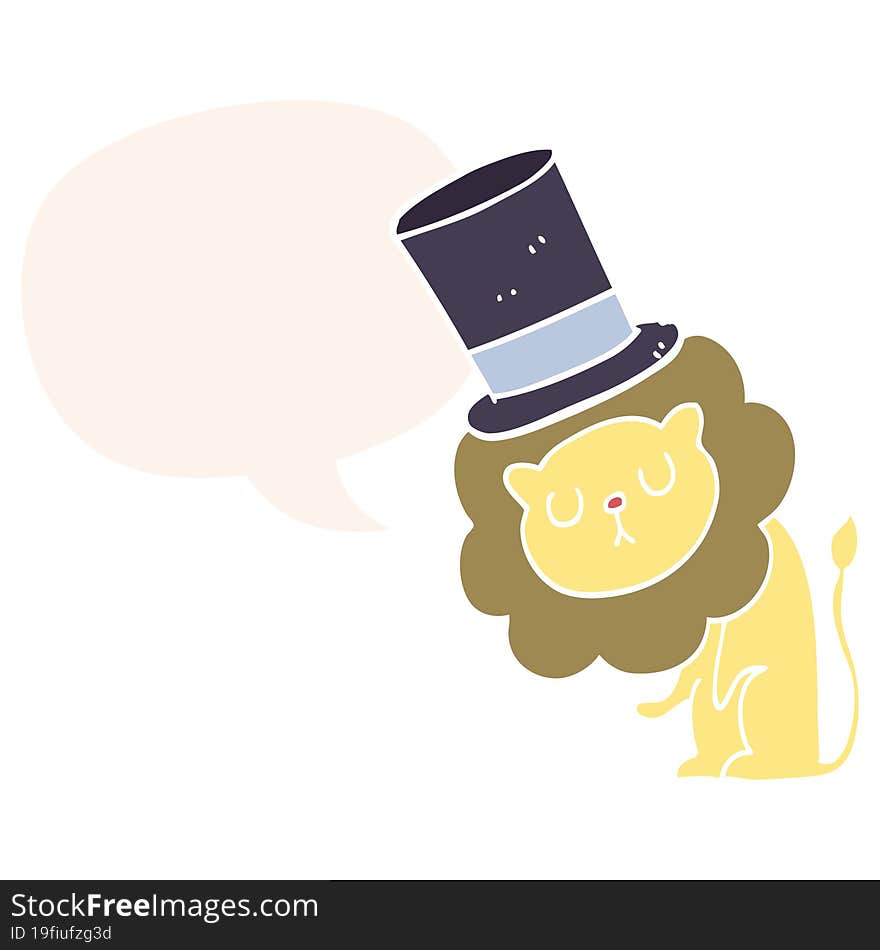 Cute Cartoon Lion Wearing Top Hat And Speech Bubble In Retro Style