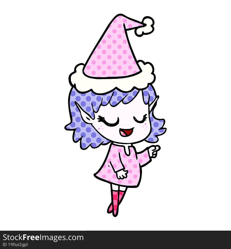 happy comic book style illustration of a elf girl pointing wearing santa hat