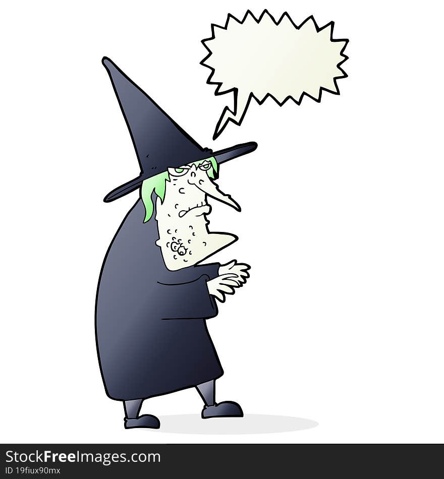 cartoon ugly old witch with speech bubble