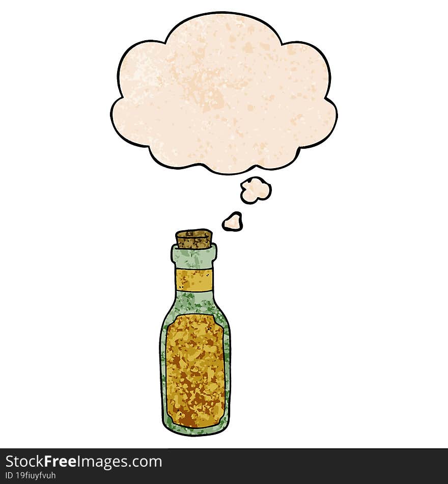 cartoon potion bottle and thought bubble in grunge texture pattern style