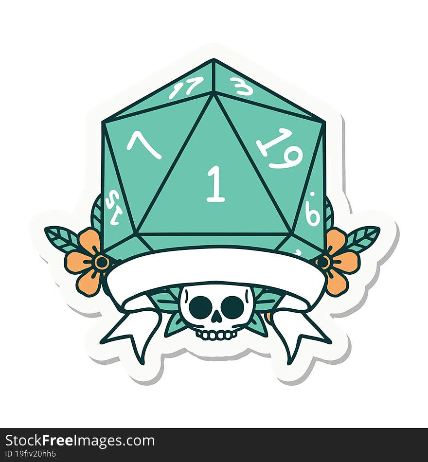 sticker of a natural one d20 dice roll. sticker of a natural one d20 dice roll