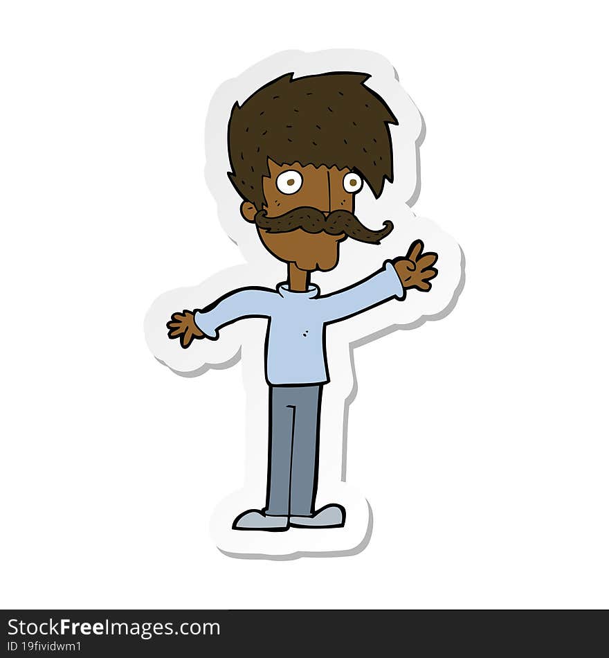 sticker of a cartoon waving mustache man