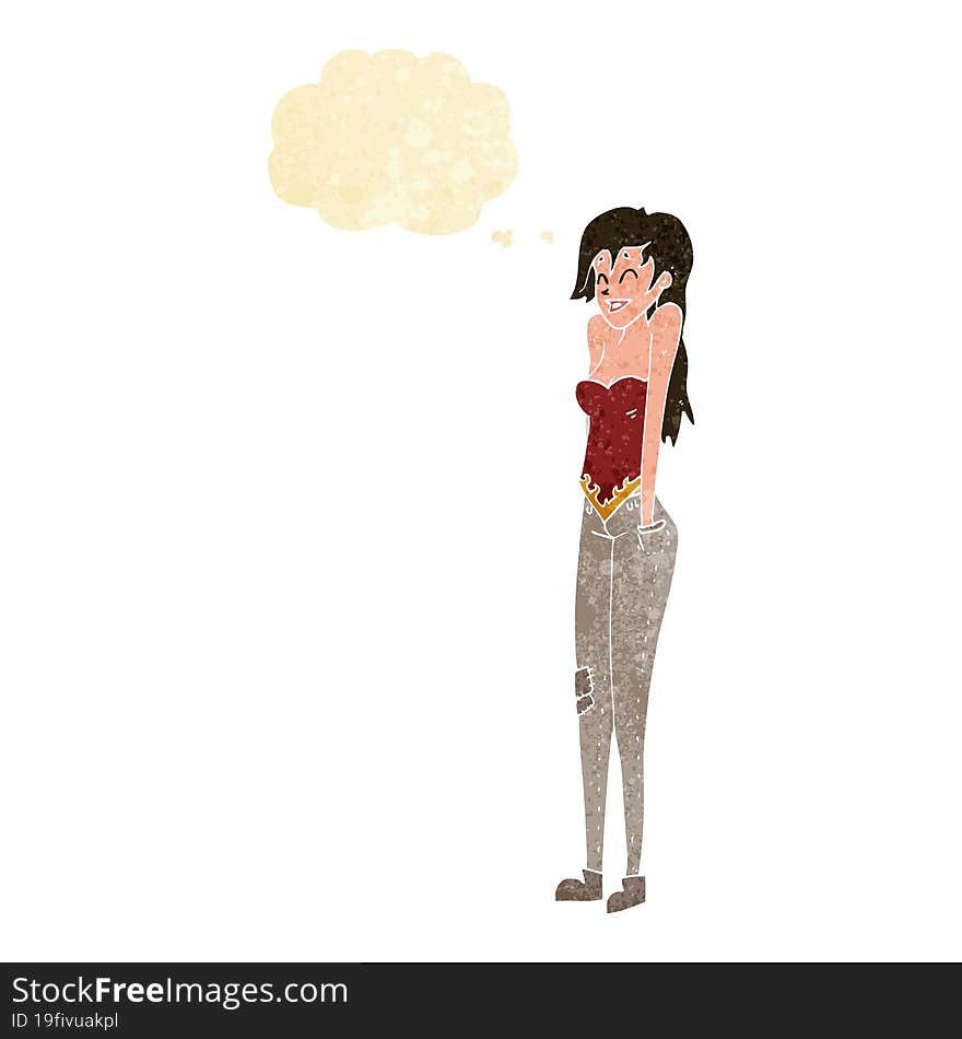 cartoon pretty woman shrugging shoulders with thought bubble