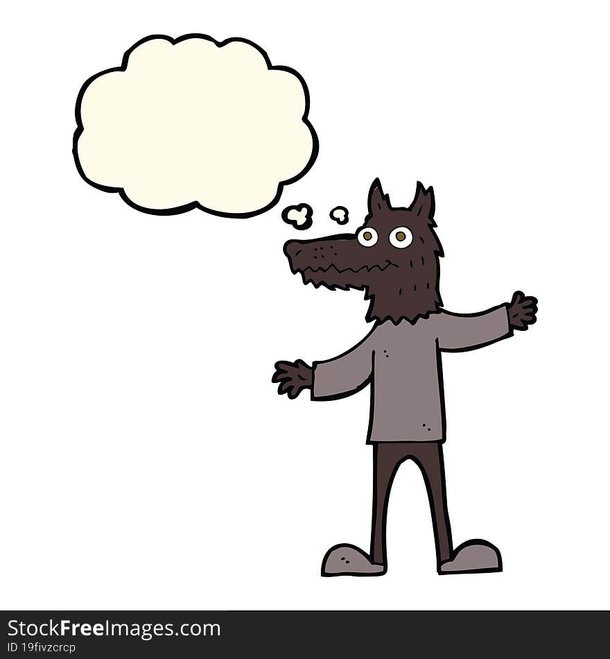 cartoon wolf man with thought bubble