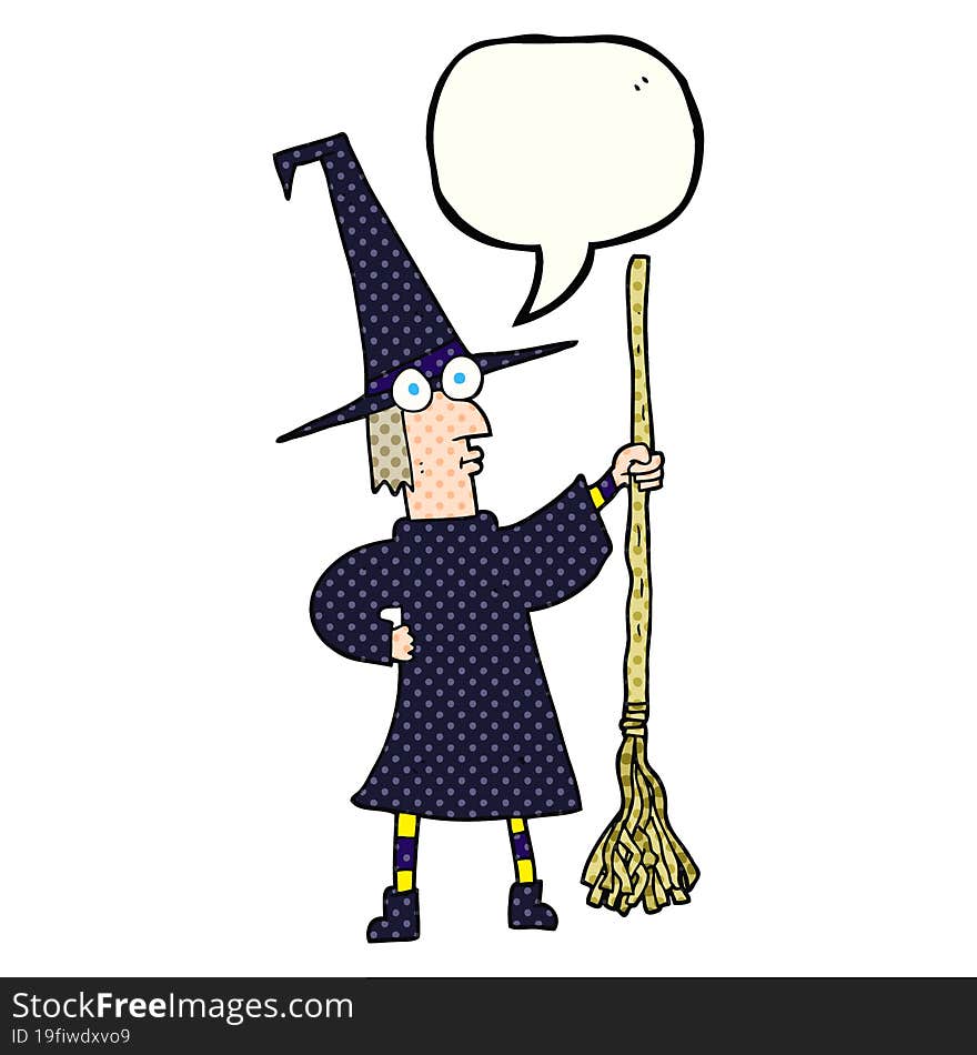 comic book speech bubble cartoon witch with broom